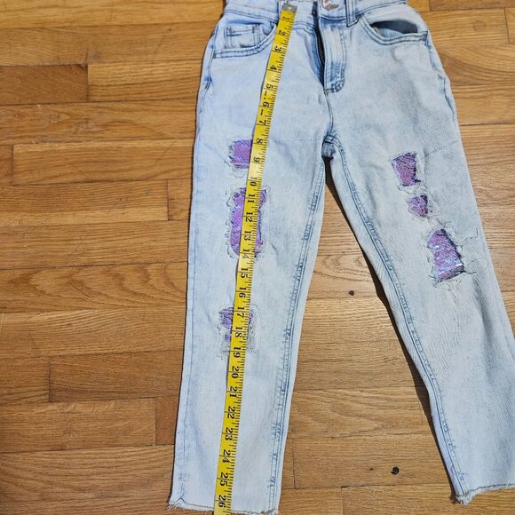 Justice Light Wash Distressed Mermaidcore sequin patch strait leg jeans size 8 - Picture 11 of 12